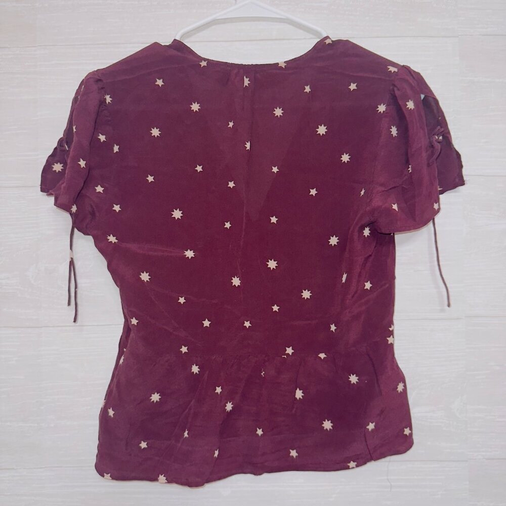 Madewell Women's Burgundy Maroon Short Sleeve Star Print Silk Belle Top size 2 - Picture 6 of 6